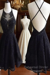 Custom Made Round Neck Backless Short Black Lace Semi Formal Prom Dresses, Short Black Lace Formal Dresses